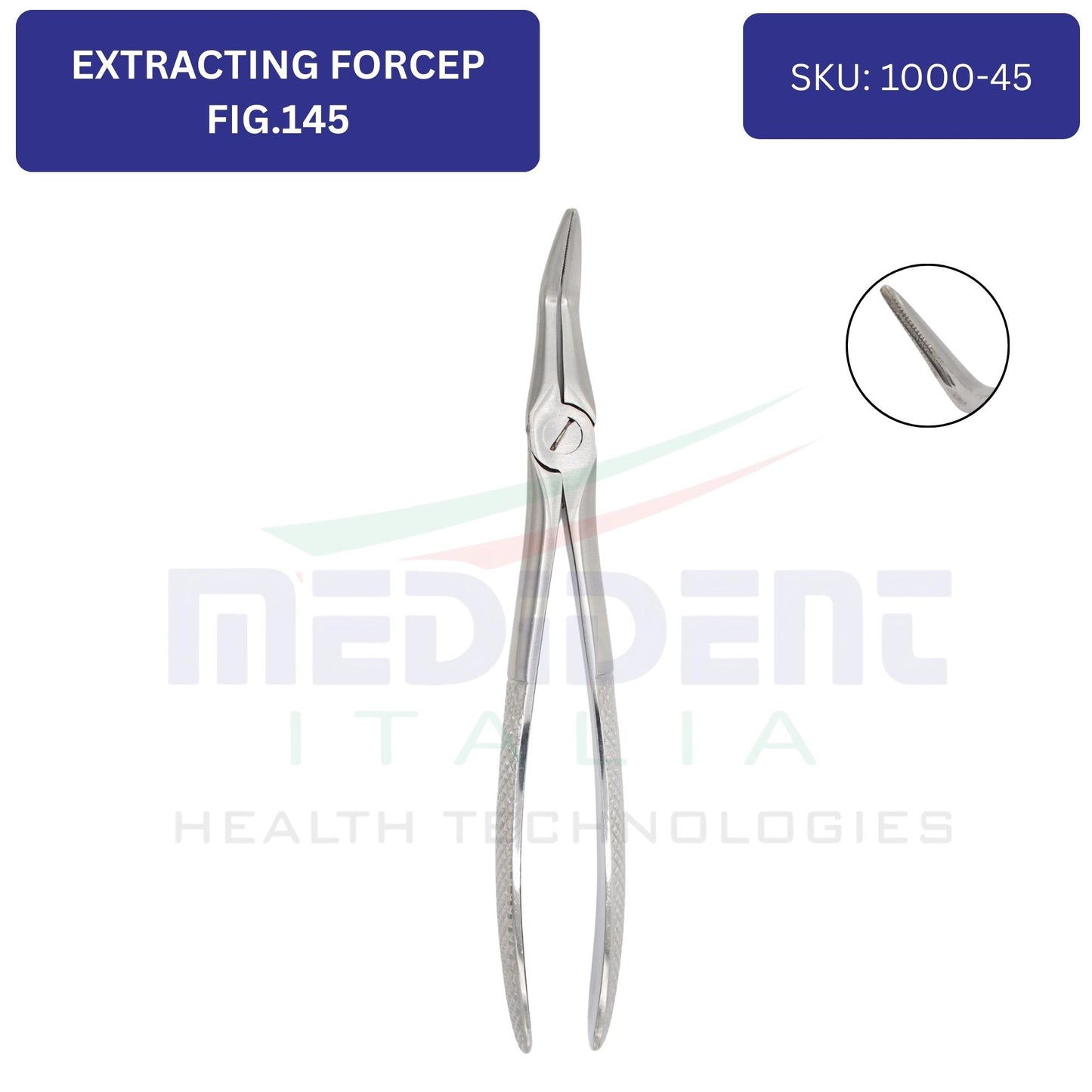 FIG 145 CURVED FORCEPS FOR LOWER ROOTS WHIT SERRATED LONG TIPS cod. 1000-45